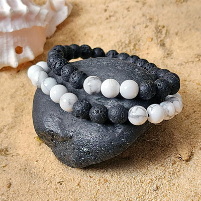 Lava Stone Chakra Bracelet Couple Set – Natural Lava Rock Gemstone Crystal Bracelet for Anxiety, Stress Relief, Reiki Healing – Howlite Yoga Beads Stretchy Bracelet Bangle Gifts Idea
