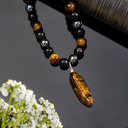 Triple Protection Beaded Necklace of Hematite, Tiger’s Eye & Obsidian with Tiger Stone Pendant