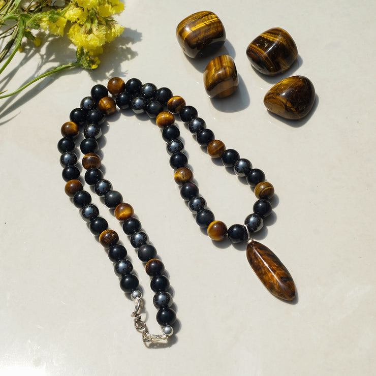 Triple Protection Beaded Necklace of Hematite, Tiger’s Eye & Obsidian with Tiger Stone Pendant