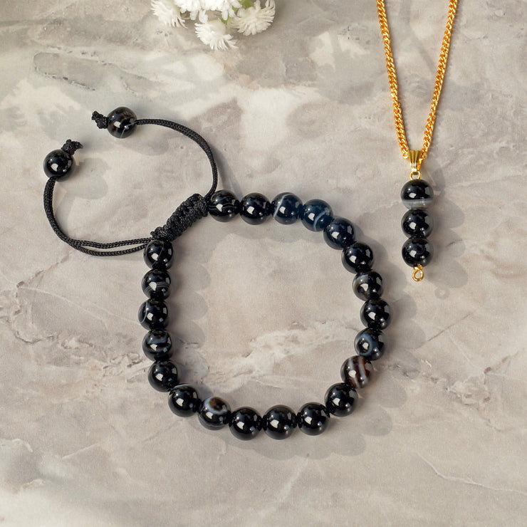 Sulemani Onyx Bracelet & Pendant necklace - Natural Sulemani Onyx Stone jewlery set handcrafted with 8 mm Beads, To Enhance mental clarity and focus- Free Size Unisex Adult