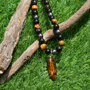 Triple Protection Beaded Necklace of Hematite, Tiger’s Eye & Obsidian with Tiger Stone Pendant