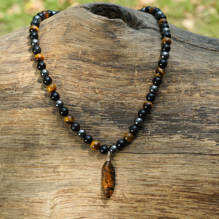 Triple Protection Beaded Necklace of Hematite, Tiger’s Eye & Obsidian with Tiger Stone Pendant