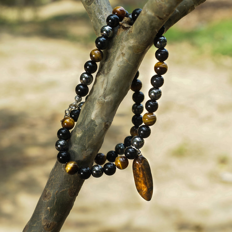 Triple Protection Beaded Necklace of Hematite, Tiger’s Eye & Obsidian with Tiger Stone Pendant