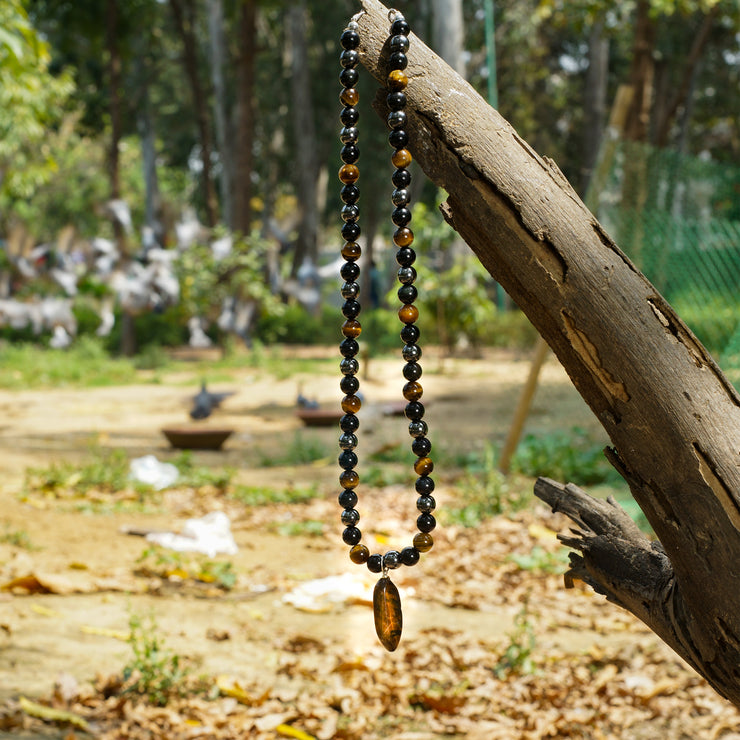 Triple Protection Beaded Necklace of Hematite, Tiger’s Eye & Obsidian with Tiger Stone Pendant