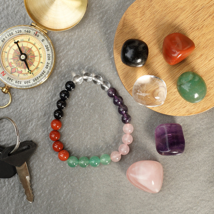 Healing Crystal starter set of 7 - Combo for new believer includes bracelet with Clear Quartz, Amethyst, Rose Quartz, Green Aventurine, Red Jasper, Black Obsidian, Palm Stones for complete protection