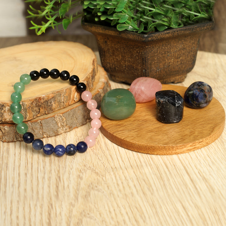 Healing Crystal beginner set of 5 for purification, self-love, emotional balance & spiritual growth includes bracelet & Rose quartz, Sodalite, Black Obsidian and Green Aventurine Palm Stones