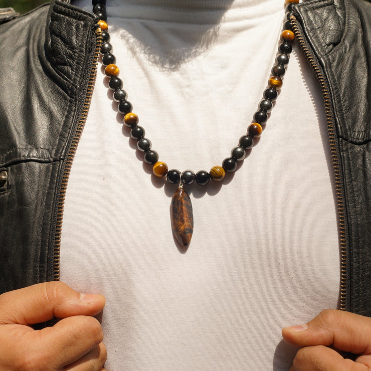 Triple Protection Beaded Necklace of Hematite, Tiger’s Eye & Obsidian with Tiger Stone Pendant