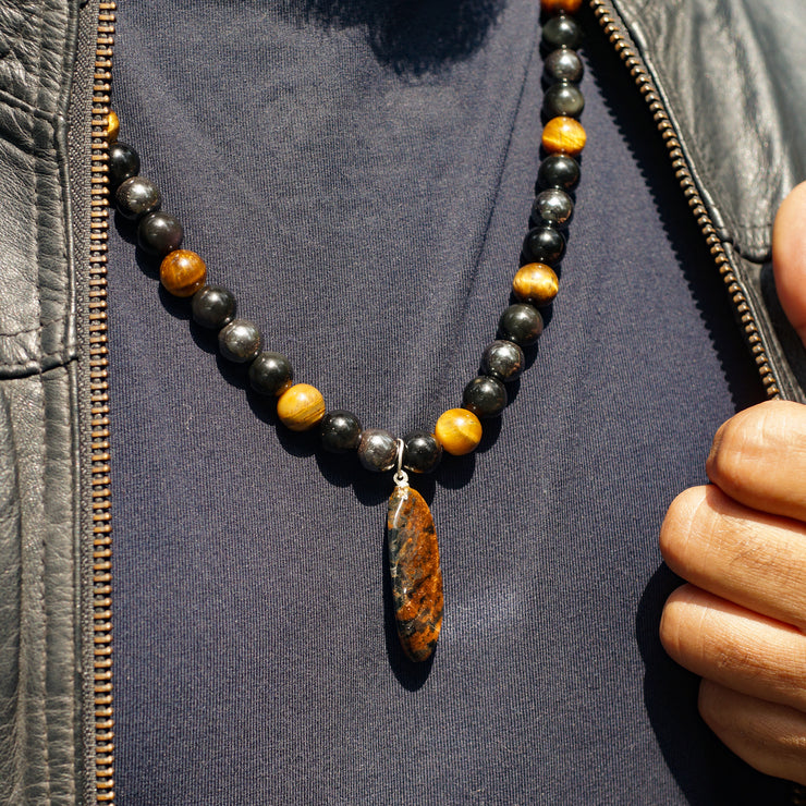 Triple Protection Beaded Necklace of Hematite, Tiger’s Eye & Obsidian with Tiger Stone Pendant