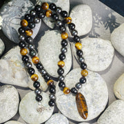 Triple Protection Beaded Necklace of Hematite, Tiger’s Eye & Obsidian with Tiger Stone Pendant