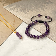 Amethyst Bracelet & Pendant necklace - Natural Amethyst Stone jewelry set handcrafted with 8 mm Beads, For Healing and balancing Spiritual Energy- Free Size Unisex Adult