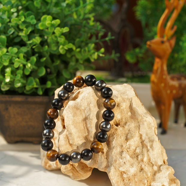 Triple Protection Bracelet - For Protection & Success- Bring Luck And Prosperity - Hematite - Black Obsidian - Tiger Eye - Stone Bracelet