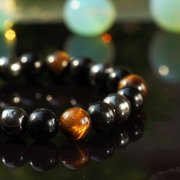 Triple Protection Bracelet - For Protection & Success- Bring Luck And Prosperity - Hematite - Black Obsidian - Tiger Eye - Stone Bracelet