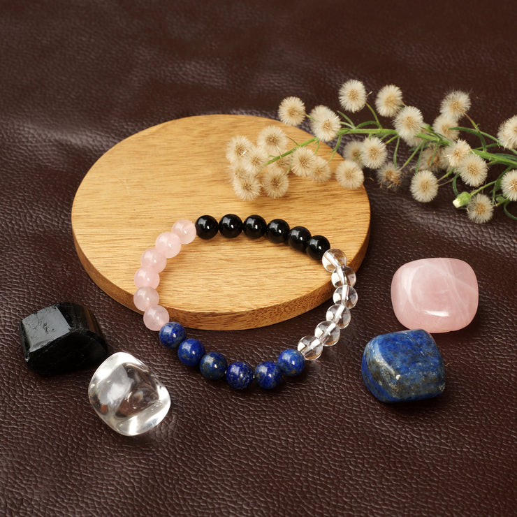 Healing Crystals for House Protection set of 5 include one bracelet with Rose Quartz, Crystal Quartz, Black Obsidian, Lapis Lazuli Palm Stones to tackle negativity & emotional baggage, gain creativity