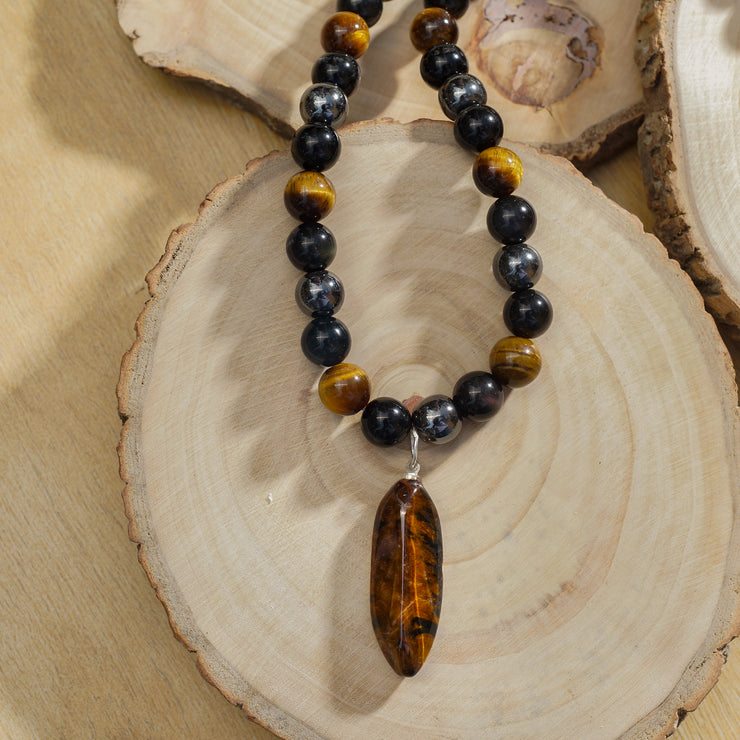 Triple Protection Beaded Necklace of Hematite, Tiger’s Eye & Obsidian with Tiger Stone Pendant