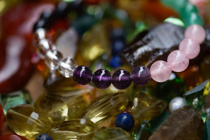 Healing Crystal starter set of 7 - Combo for new believer includes bracelet with Clear Quartz, Amethyst, Rose Quartz, Green Aventurine, Red Jasper, Black Obsidian, Palm Stones for complete protection